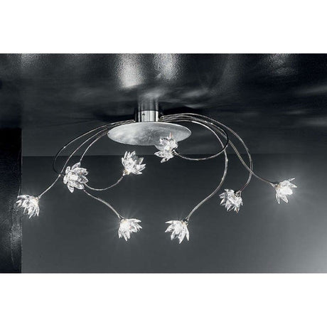 Plafoniera Fiorella argento a 8 luci con bracci cromati, 84 cm, con elegante design a fiori luminosi.