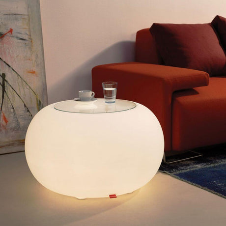 Moree table or stool Bubble with glass top and drinks, modern design for indoor use.