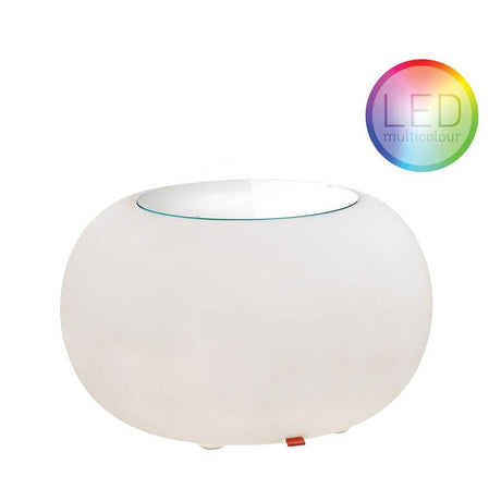 Moree Outdoor LED tafel of kruk Bubble met glazen blad en multicolour LED-verlichting, ideaal voor buitengebruik.