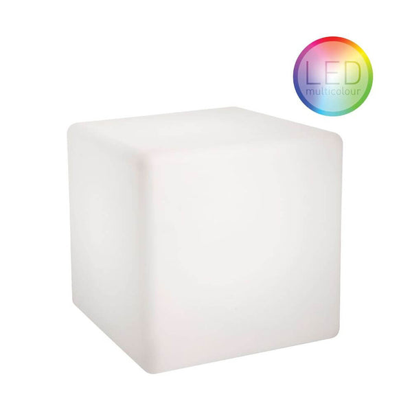 Cubo de assento LED recarregável Moree com mudança de cor IP54 em design moderno, adequado para interiores e exteriores.