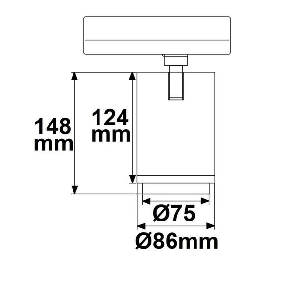 3-Phasen Bäckerei LED Strahler Brot 2900lm 2700K Warmweiß, Zeichnung mit Maßen 148 mm, 124 mm, Ø75 mm und Ø86 mm