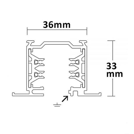 Schnittzeichnung einer 3-Phasen Einbau Stromschiene mit 36mm Breite und 33mm Höhe.