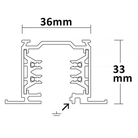 Technische Zeichnung der 3-Phasen Einbau Stromschiene, Maße: 36mm Breite, 33mm Höhe.