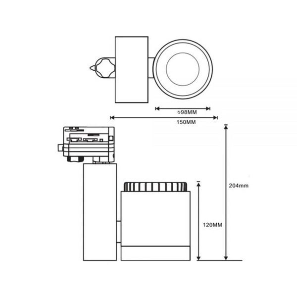 Technical drawing of the 3-phase Power-LED spotlight 3000lm 4000K focusable Black Dimmable with dimensions.