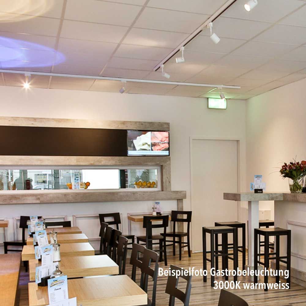 Einladendes Restaurant mit warmer 3000K Beleuchtung und stilvollen Holztischen.
