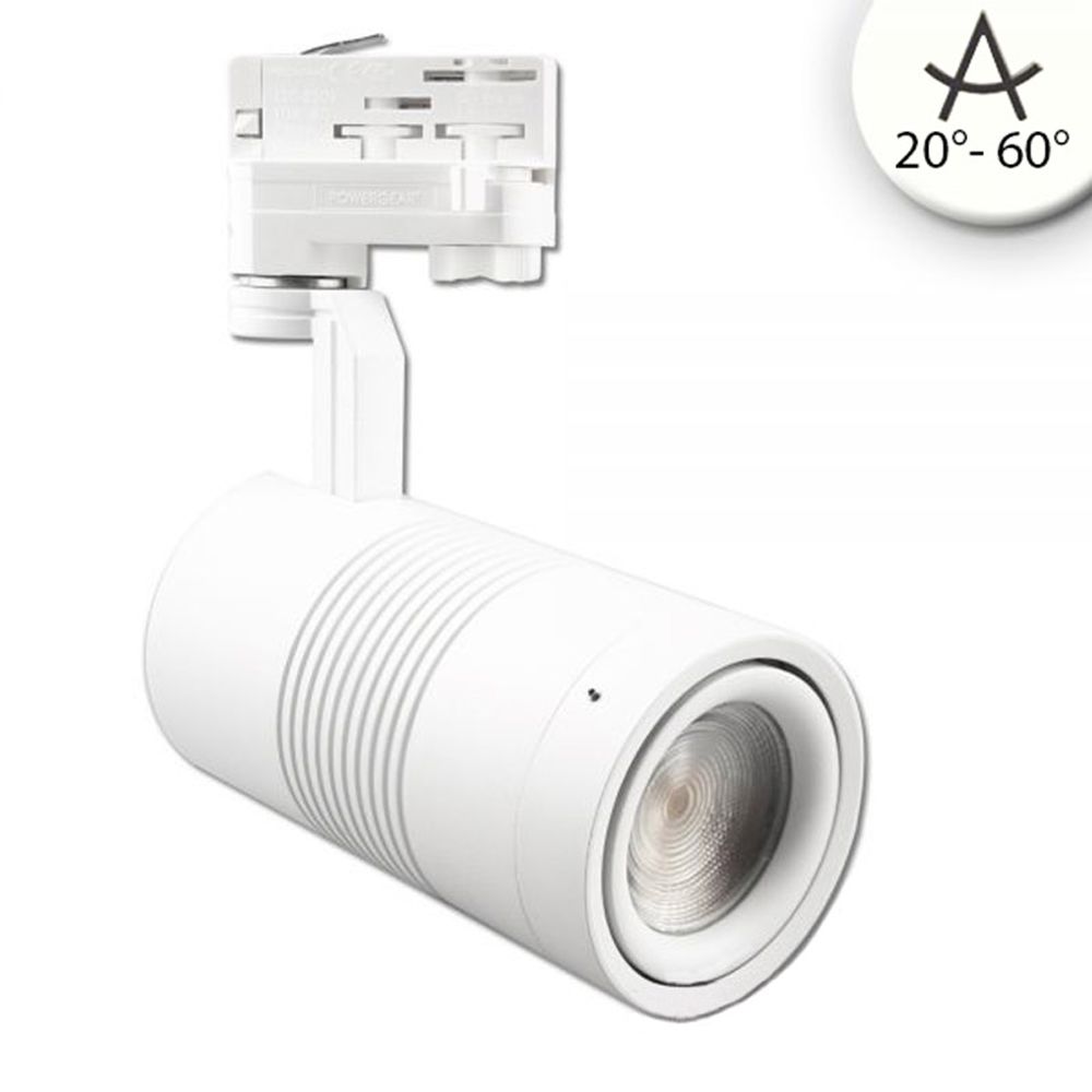 3-Phasen Power-LED Strahler für Schienen mit 2400lm, 24W, 4000K und fokussierbarem Abstrahlwinkel von 20-60°.