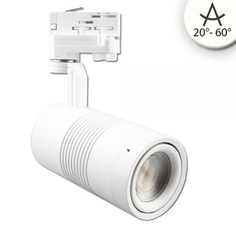 3-Phasen Power-LED Strahler für Schienen mit 2400lm, 24W, 4000K und fokussierbarem Abstrahlwinkel von 20-60°.