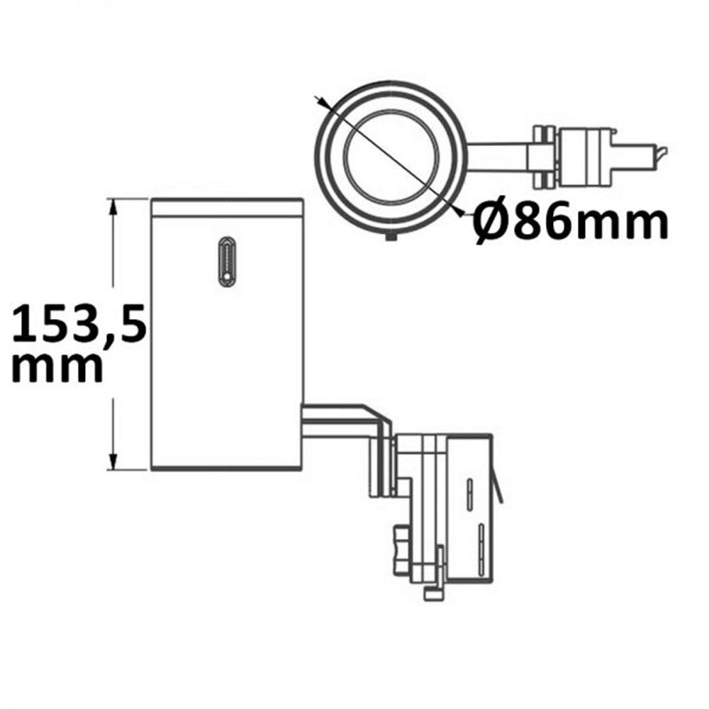 Technische Zeichnung des 3-Phasen Power-LED Strahlers mit Maßen von 153,5 mm und Ø 86 mm.