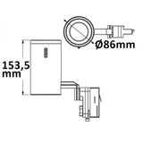 Technische Zeichnung des 3-Phasen Power-LED Strahlers mit Maßen von 153,5 mm und Ø 86 mm.