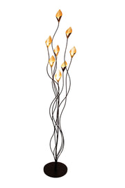 Stehleuchte Calamaro 8-flammig mit goldfarbenen Flammen-Schirmen, geschwungene schwarze Stiele, runde schwarze Standfuß, 186 cm Höhe