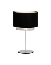 Tischlampe Mattia Oval mit schwarzem Chintz-Schirm, silberner Metallstange und rundem Fuß, Frontansicht