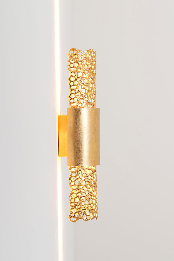 Wandlampe Palazzo 2-flammig, goldfarben, strukturiertes Metallgeflecht, vertikale Wandmontage
