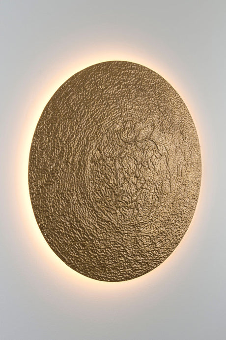 LED-Wandlampe Meteor Grande L, oval, 80cm, Textil goldfarben, dimmbar, warmweiße Hintergrundbeleuchtung