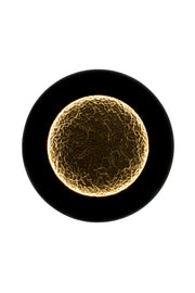 LED-Wandleuchte Luna Apertura Xl mit gehämmertem Goldfinish, dimmbar, runde Form mit schwarzem Rahmen, Frontansicht