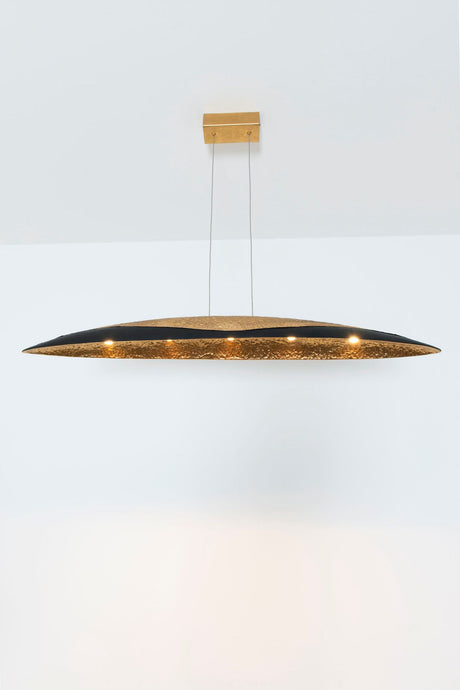 LED-Hängelampe Mercurio 5-flammig, gehämmertes Metall in Goldoptik, dimmbar, moderne Frontalansicht