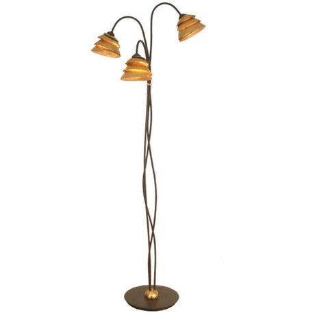 Candeeiro de pé de 3 luzes Snail One ferro castanho-preto-dourado com três abajures curvos