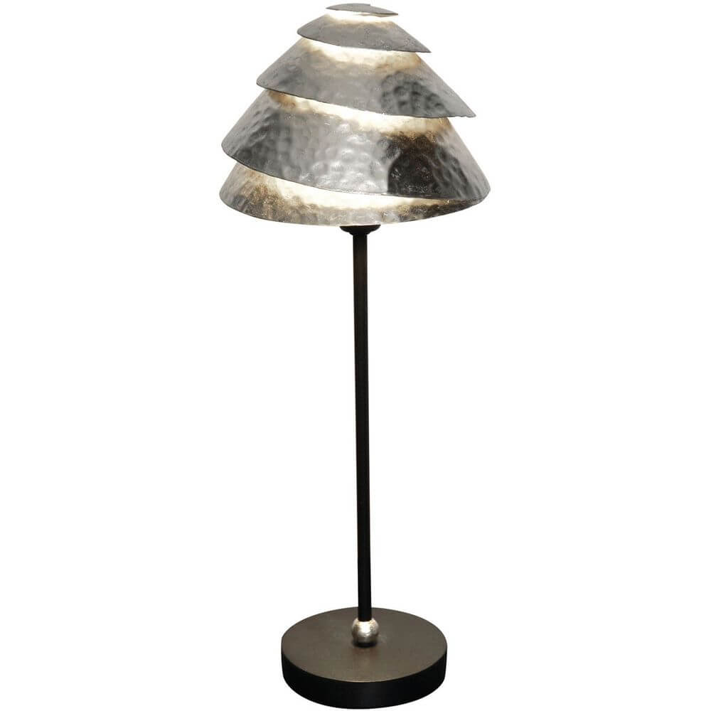 Tischleuchte Snail One Eisen Schwarz-Silber in modernem Design mit silbernem Lampenschirm.