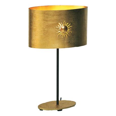 Lampada da tavolo Sun Oval in ferro oro-marrone-nero con design solare ed elegante base.