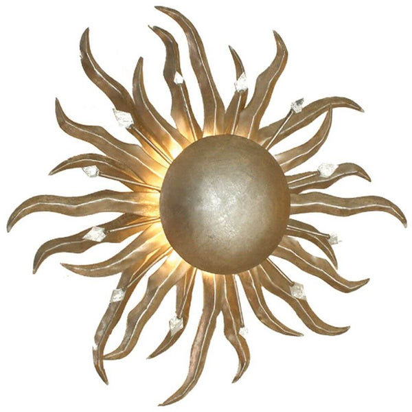 Aplique Sonne Piccola ferro prateado com design artístico de raios de sol em prateado.