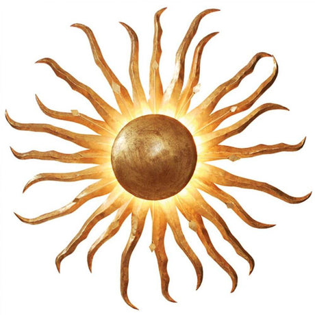 XXL væglampe Sun Gigante Ø 100cm guldfarvet med klare solstråler og central gylden cirkel.