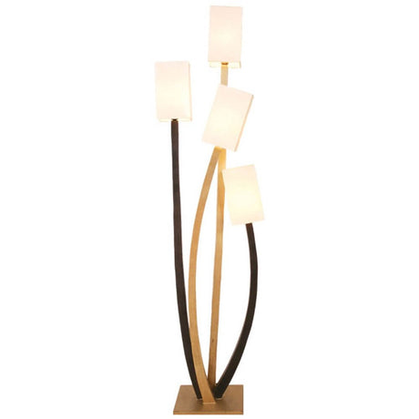 Lampada da terra a 4 luci Quadrangolare in ferro marrone-nero-oro con quattro corpi luminosi dal design moderno.