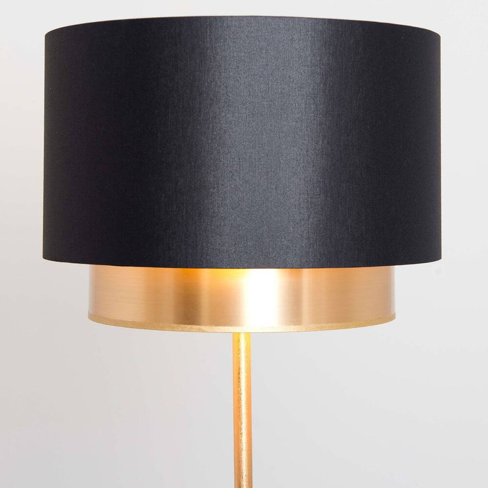 Stehleuchte Mattia Rund Eisen Gold-Schwarz mit schwarzem Lampenschirm und goldenem Fuß