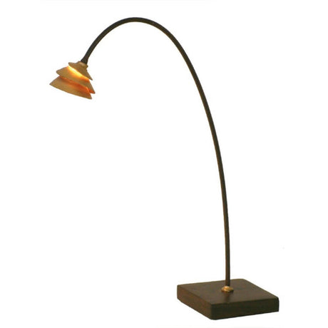 Table lamp Snail Two iron brown-black-gold with elegant design and curved arm.