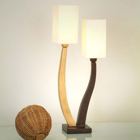 Lampada da tavolo a 2 luci Quadrangolare in ferro marrone-nero-oro con eleganti paralumi.