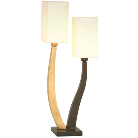Lampada da tavolo a 2 luci Quadrangolare in ferro marrone-nero-oro con due paralumi di forma diversa.