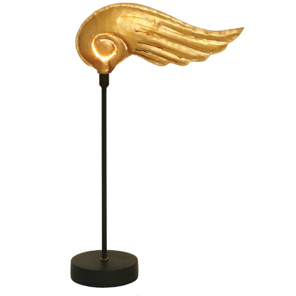 Tischleuchte Piccola Hermes Eisen Braun-Schwarz-Gold mit goldener Flügel-Design auf schwarzem Ständer.