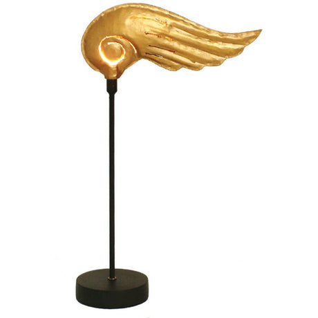 Table lamp Piccola Hermes Iron Brown-Black-Gold with a golden wing design on a black stand.