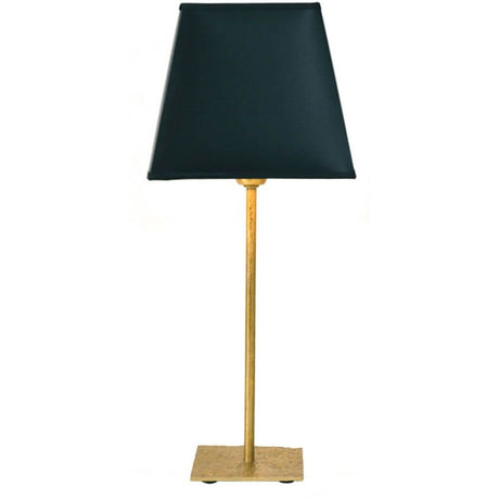 Lampada da tavolo Mattia quadrata in ferro oro-nero: elegante lampada da tavolo con paralume nero e struttura dorata.