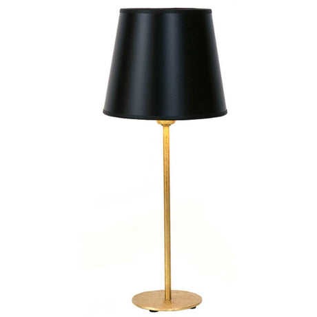Bordlampe Mattia Rund Eisen Gold-Svart med svart lampeskjerm og gullfarget fot.