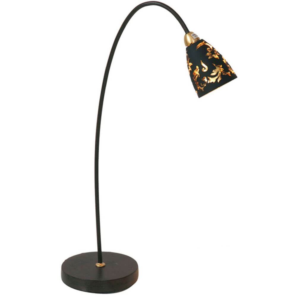 Tischlampe Alice Glas Schwarz, Gold auf einem eleganten Fuß mit geschwungenem Design.