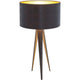 Tischleuchte Petra Eisen Braun-Schwarz-Gold mit dreibeinigem Holzfuß und elegantem Lampenschirm.