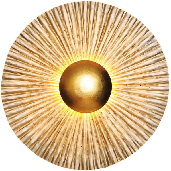Wandleuchte Bronzo Eisen Silber-Gold, runde Metall-Wandleuchte mit goldener Mitte und silberner Strahlenoptik