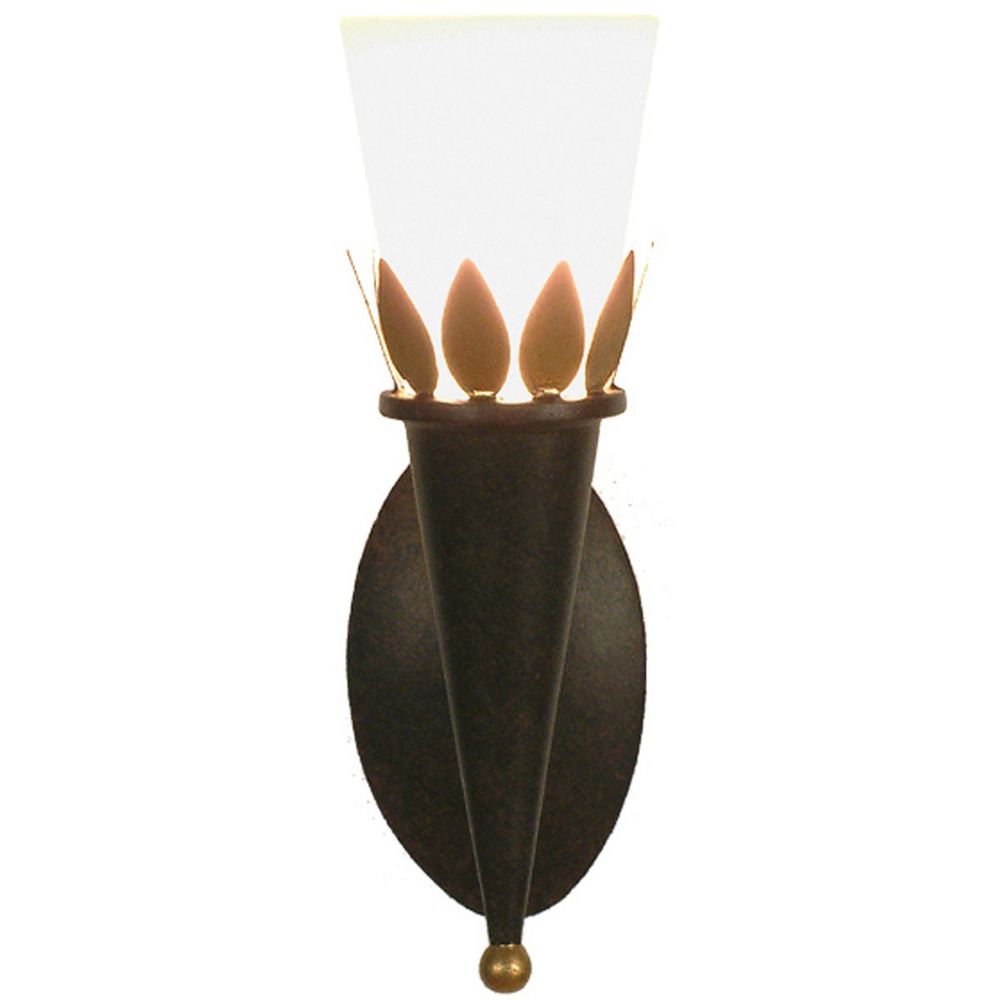 Wandleuchte Torcia aus Eisen und Glas in Braun, Schwarz und Gold mit eleganten Blatt-Design.