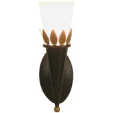 Wandleuchte Torcia aus Eisen und Glas in Braun, Schwarz und Gold mit eleganten Blatt-Design.