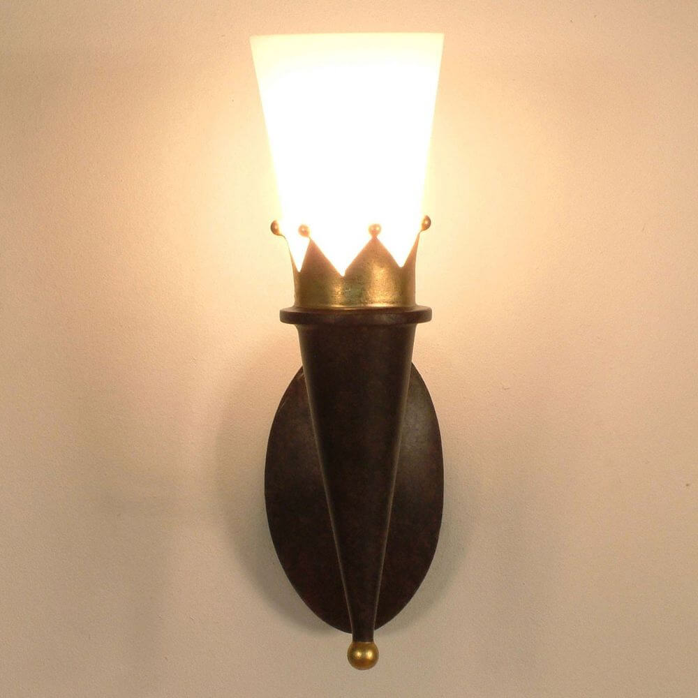 Elegante Wandleuchte Torcia Corona aus Eisen und Glas in Braun-Schwarz-Gold für stilvolle Beleuchtung.