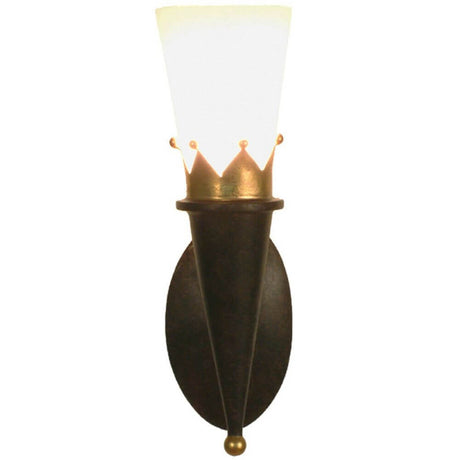 Applique murale Torcia Corona en fer et verre brun-noir-or avec abat-jour en verre et accents dorés.