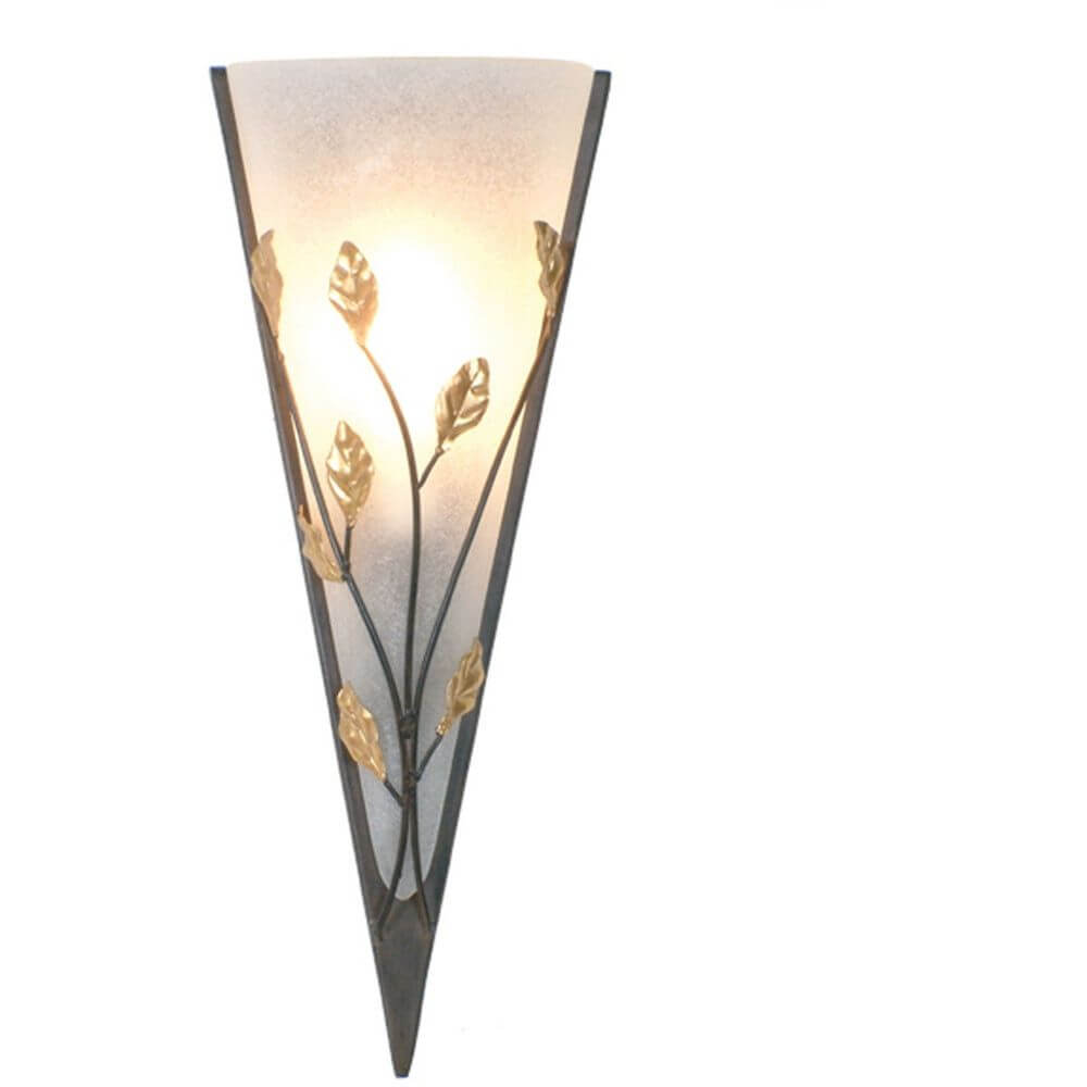 Wandleuchte Nativo Eisen-Glas Braun-Schwarz-Gold mit elegantem Blattdesign und sanfter Beleuchtung.