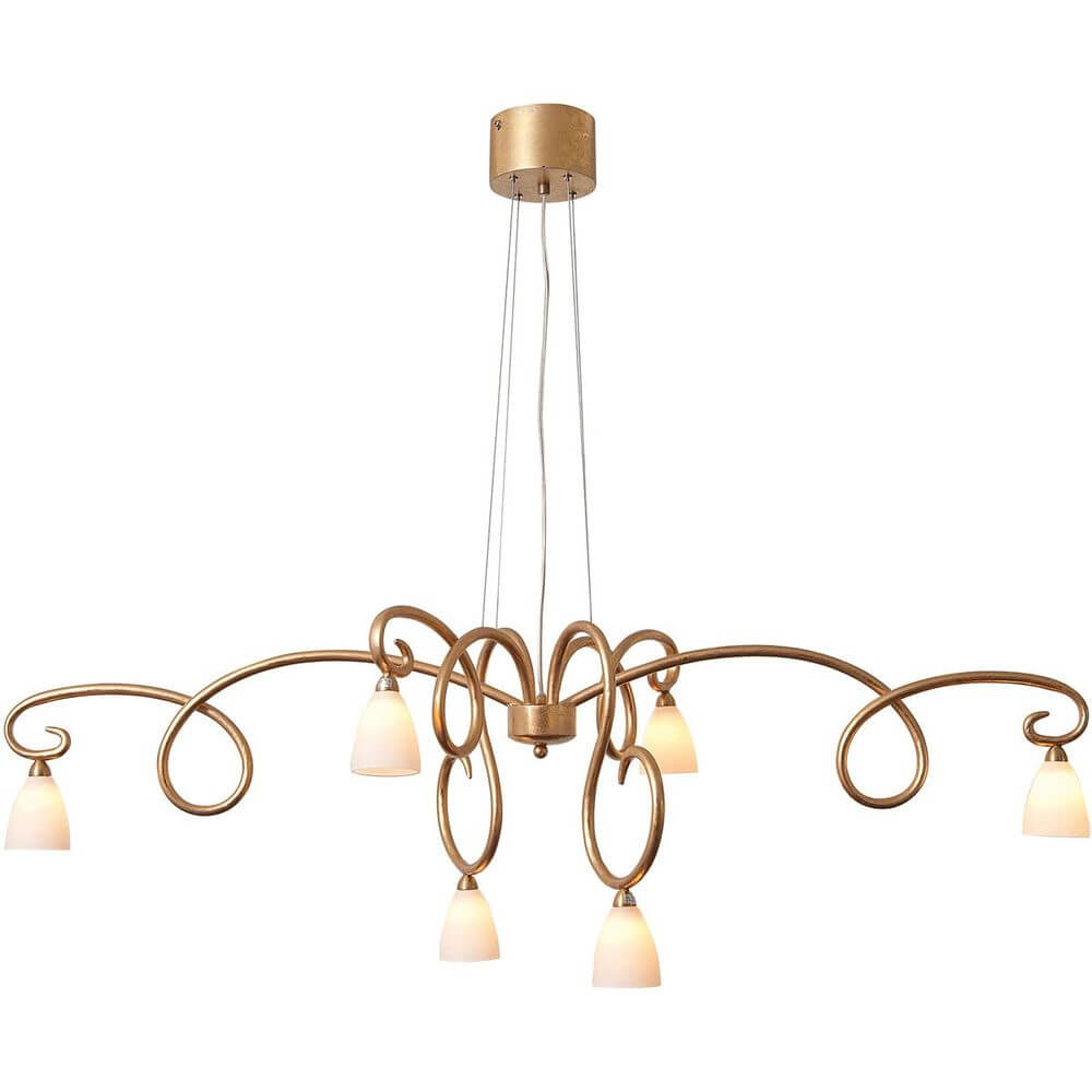 Hängeleuchte 6-flammig Alice Bianco Eisen-Glas Gold mit eleganten geschwungenen Armen und Glaslampenschirmen.