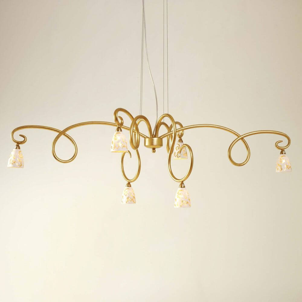 Hängeleuchte 6-flammig Alice Fiorire Eisen-Glas Gold mit eleganten, aufwendigen Glaskappen.