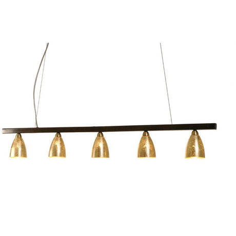 Lampa wisząca 5-punktowa Alice Trave Glass Gold z pięcioma złotymi źródłami światła nad elegancką belką