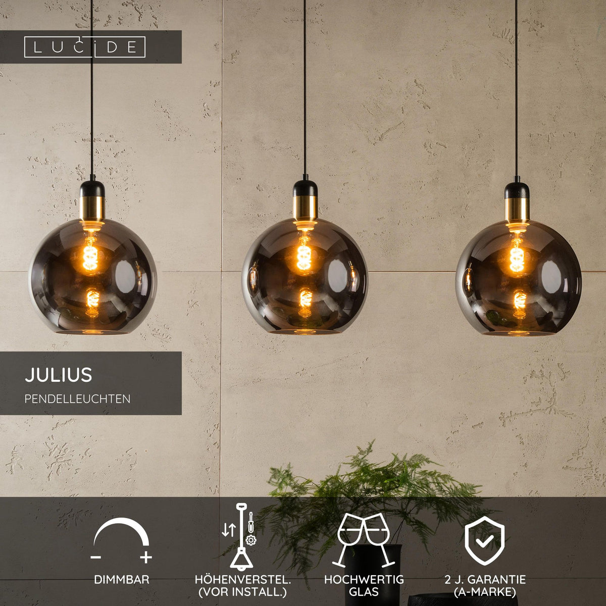 Pendelleuchte Julius 3-flammig Glas Rauchgrau (4)