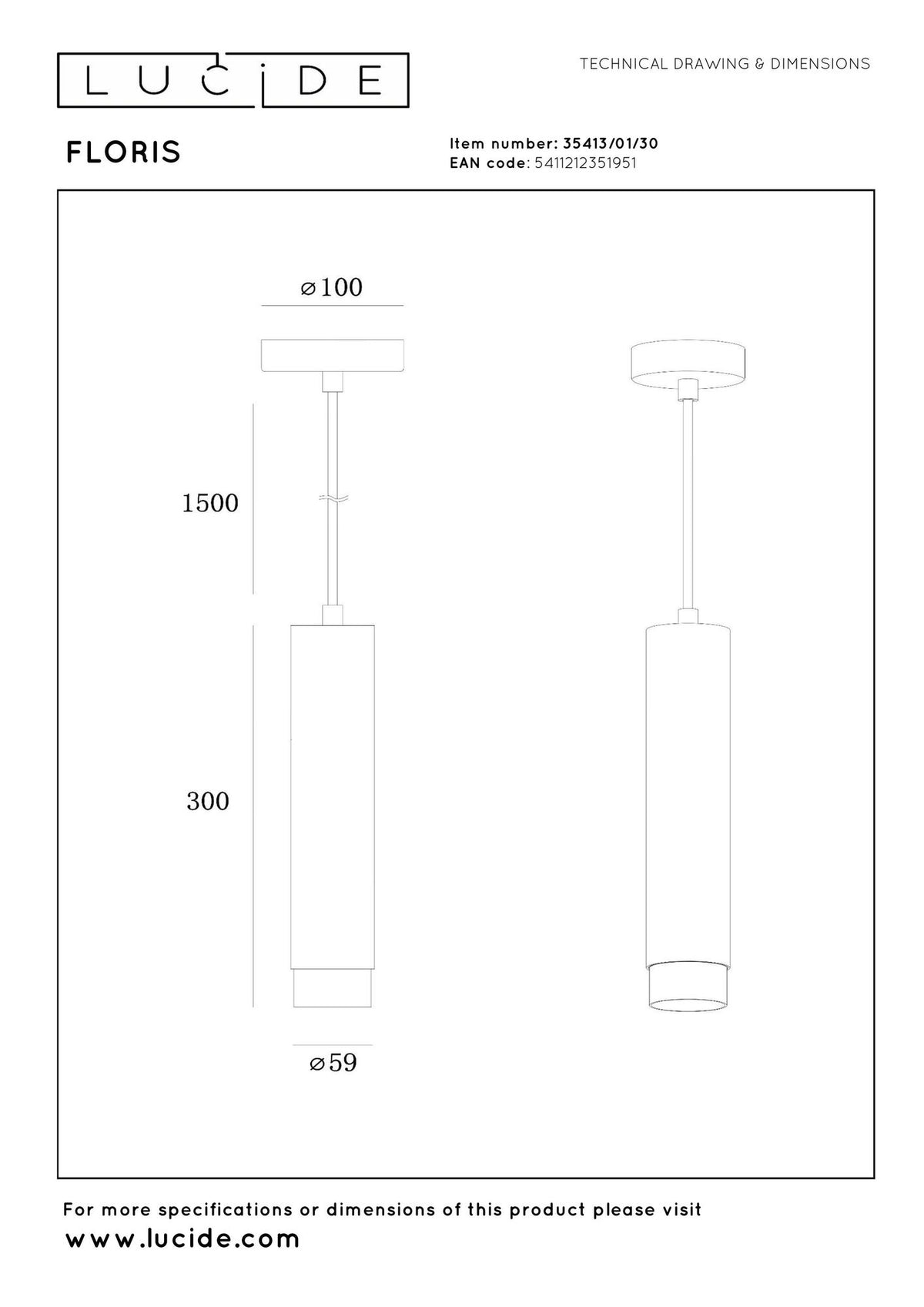 Pendellampe Floris cylinderformet 1-lyskilde højdejusterbar Sort, messing (6)