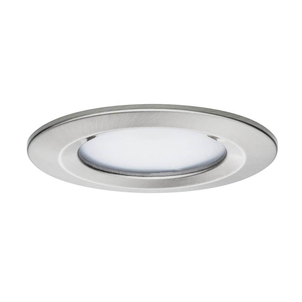 3er LED Einbauleuchten-Set Coin Slim IP44 rund 6,8W Eisen Dimmbar, flache Einbauleuchte in Silber-Optik.
