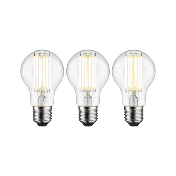 3er-Set LED E27 1055lm 5W 3000K: drei klare Paulmann Eco-Line LED-Filament-Lampen mit warmweißem Licht und sichtbarem Filament.