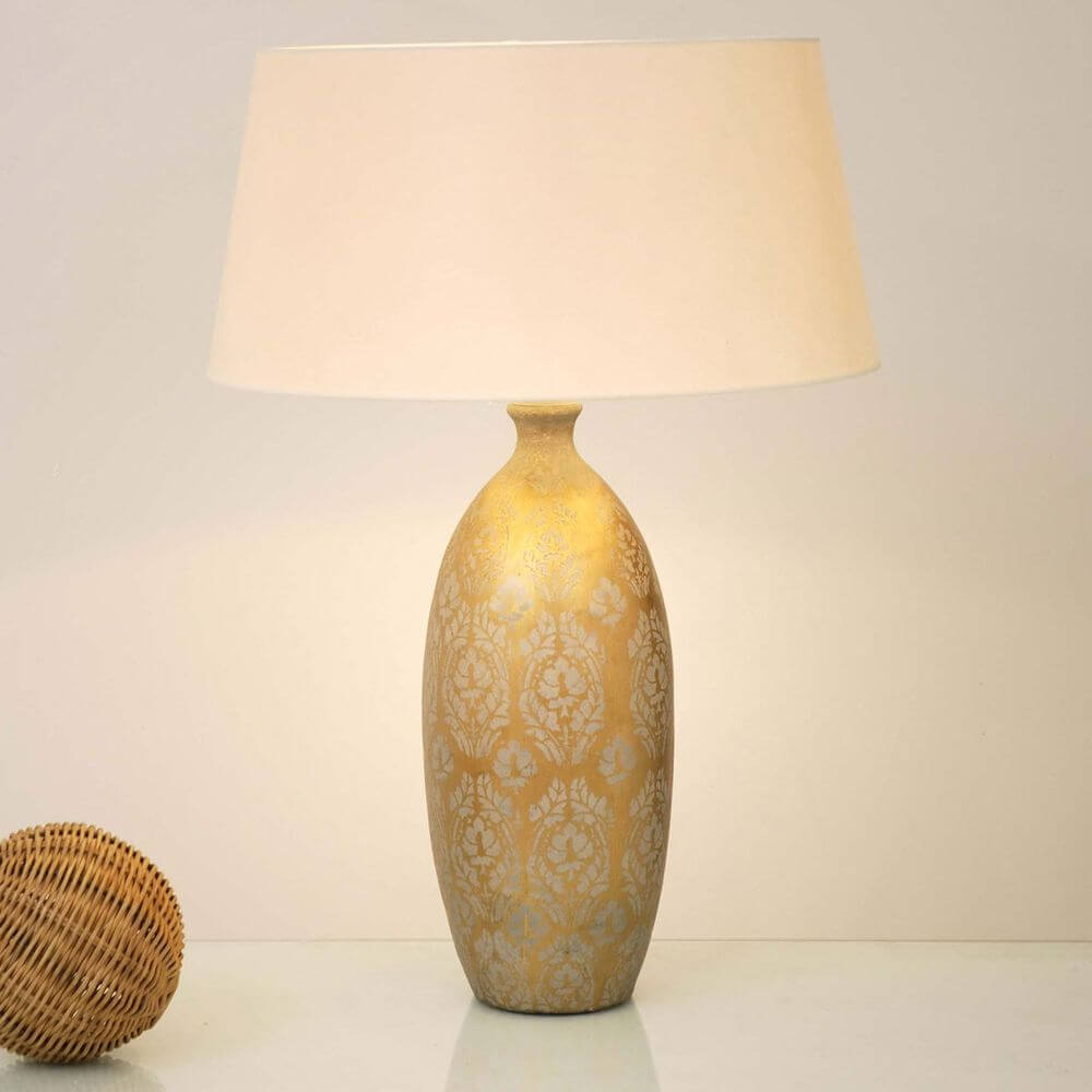 Bordlampe Vaso Barocco keramikk gull-sølv med bomullsskjerm, stilfull design, vakker lyseffekt.