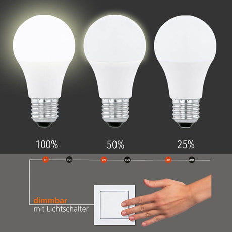 E27 LED Dimmbar per Schalter Warmweiß 3000K 806lm 8,5W - 3-stufige Dimmfunktion mit Lichtschalter, Anzeige 100%, 50%, 25%.